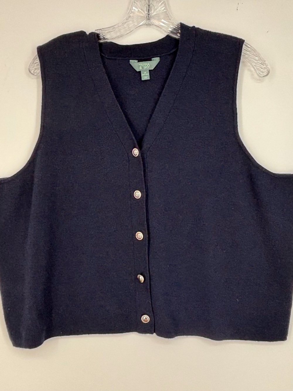 Terra & Sky Womens 2X Button Front Sweater Vest Navy Blue Knit Cropped